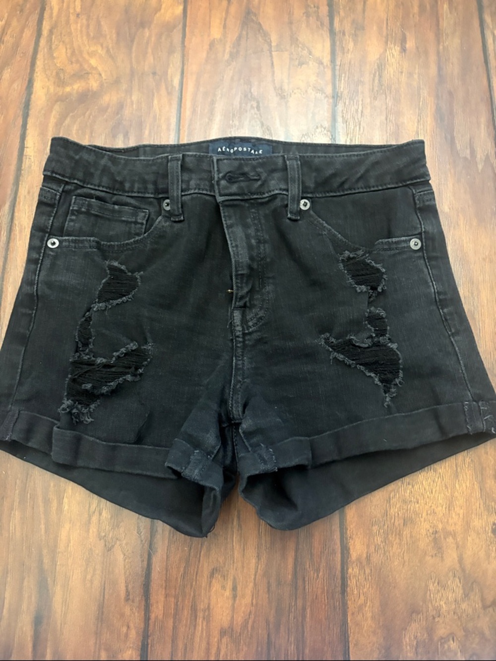 Aeropostale Black Distressed Cuffed Jean Shorts